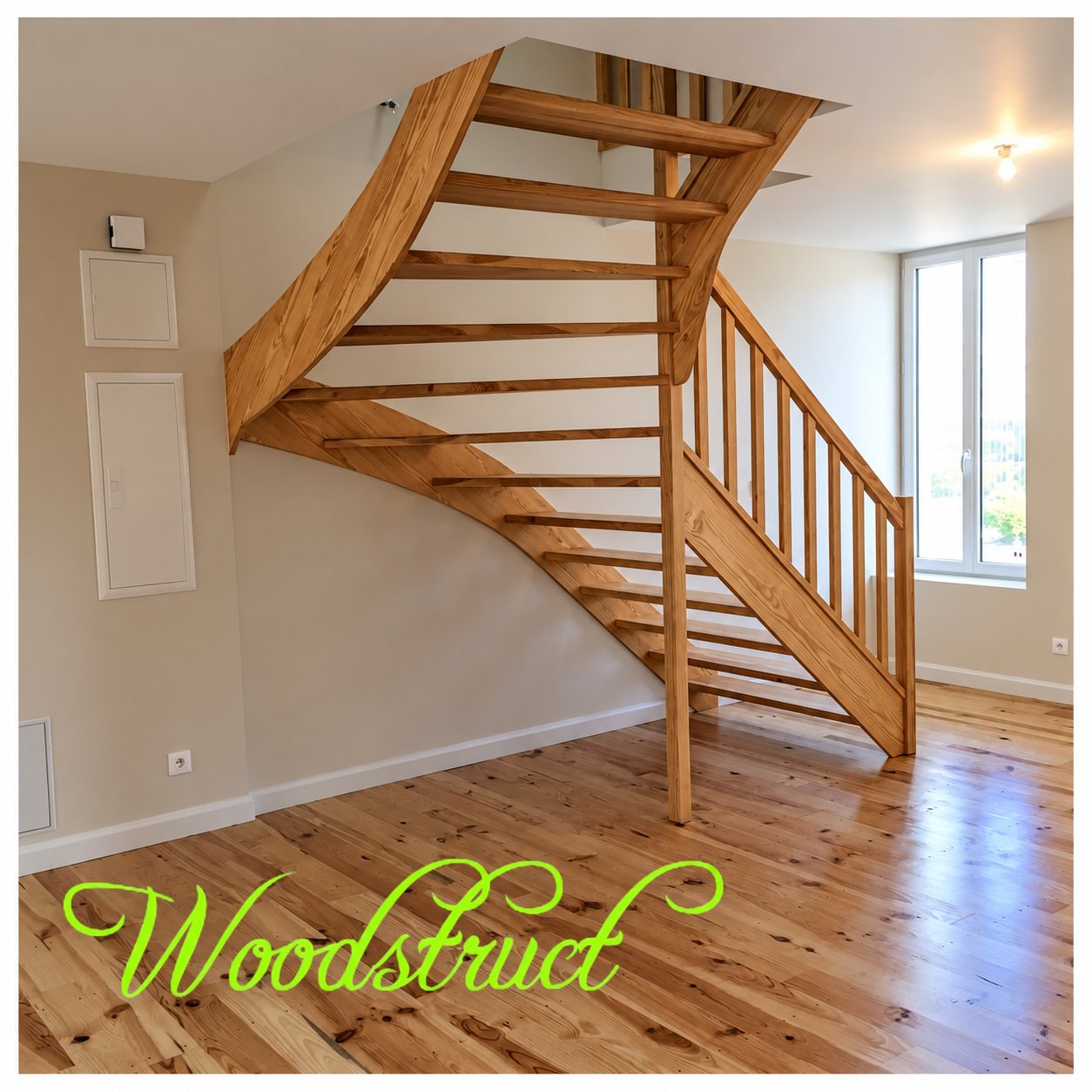 Escalier en bois clair à marches ouvertes et balustrade, installé dans une pièce lumineuse au parquet en pin.